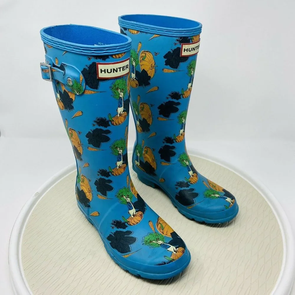 Hunter Peter Rabbit Kids Wellington Boots EU 34 Girl 4 Teal Blue Bunny Rain - Picture 1 of 12